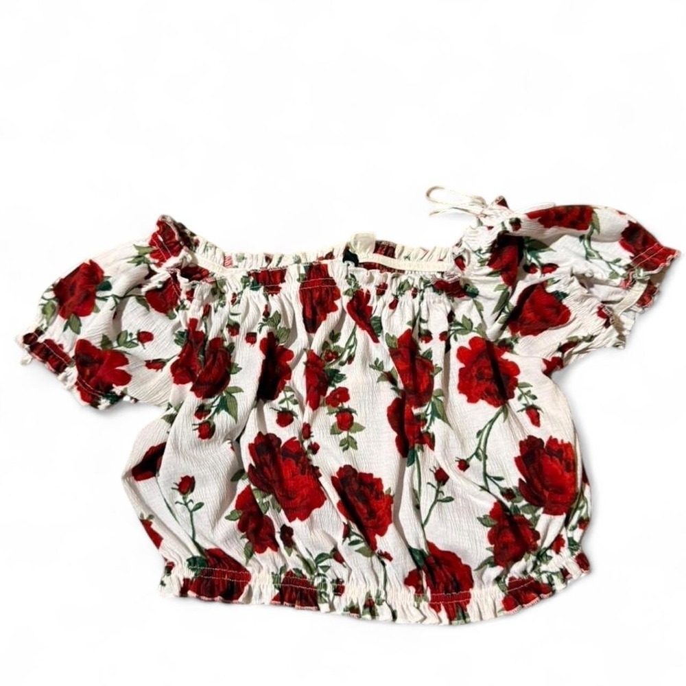 Divided H&M red and white floral off the shoulder top Size M